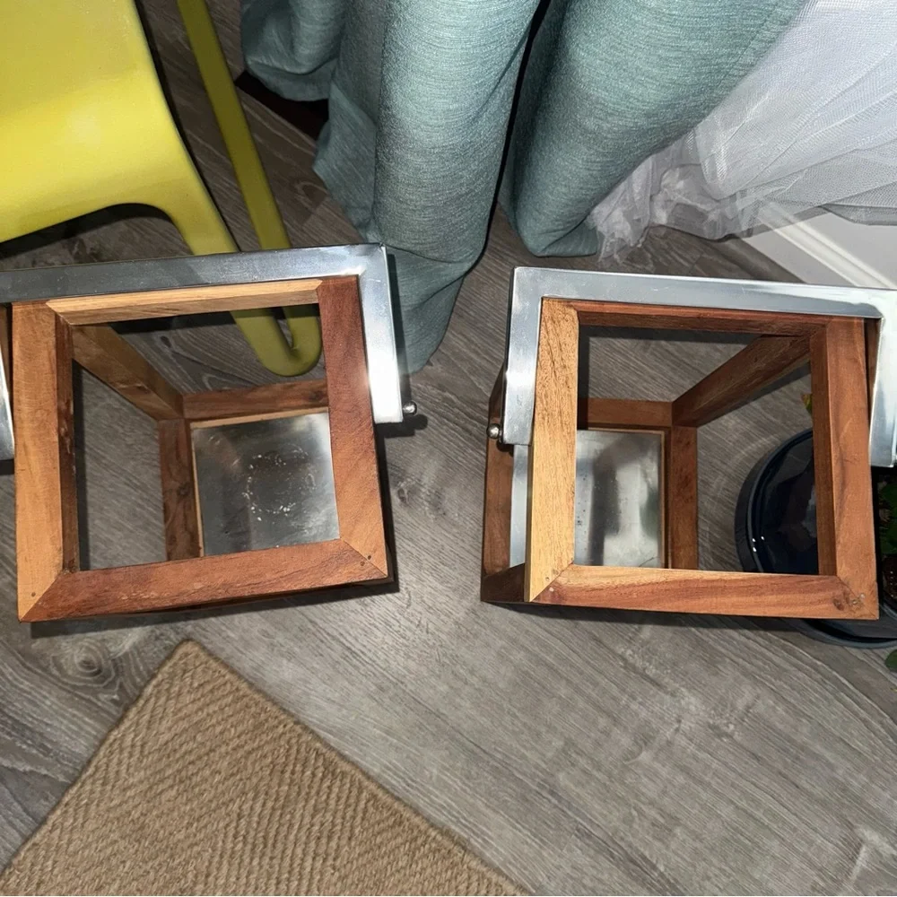 Set of Two Wooden Lanterns Metal Handles Rustic Farmhouse Garden